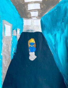 Drawing of a child's perspective on COVID-19, a woman wearing a face mask standing in a hallway.