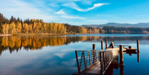 Man sitting on a bench that is on a dock overlooking calm blue lake surrounded by pine trees near Bellingham, Washington. Alderwood Park Health and Rehabilitation of Cascadia