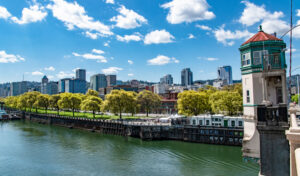 A long tree-lined riverwalk lines the shores of a calm river on a bright, sunny day with tall city buildings lining the background.